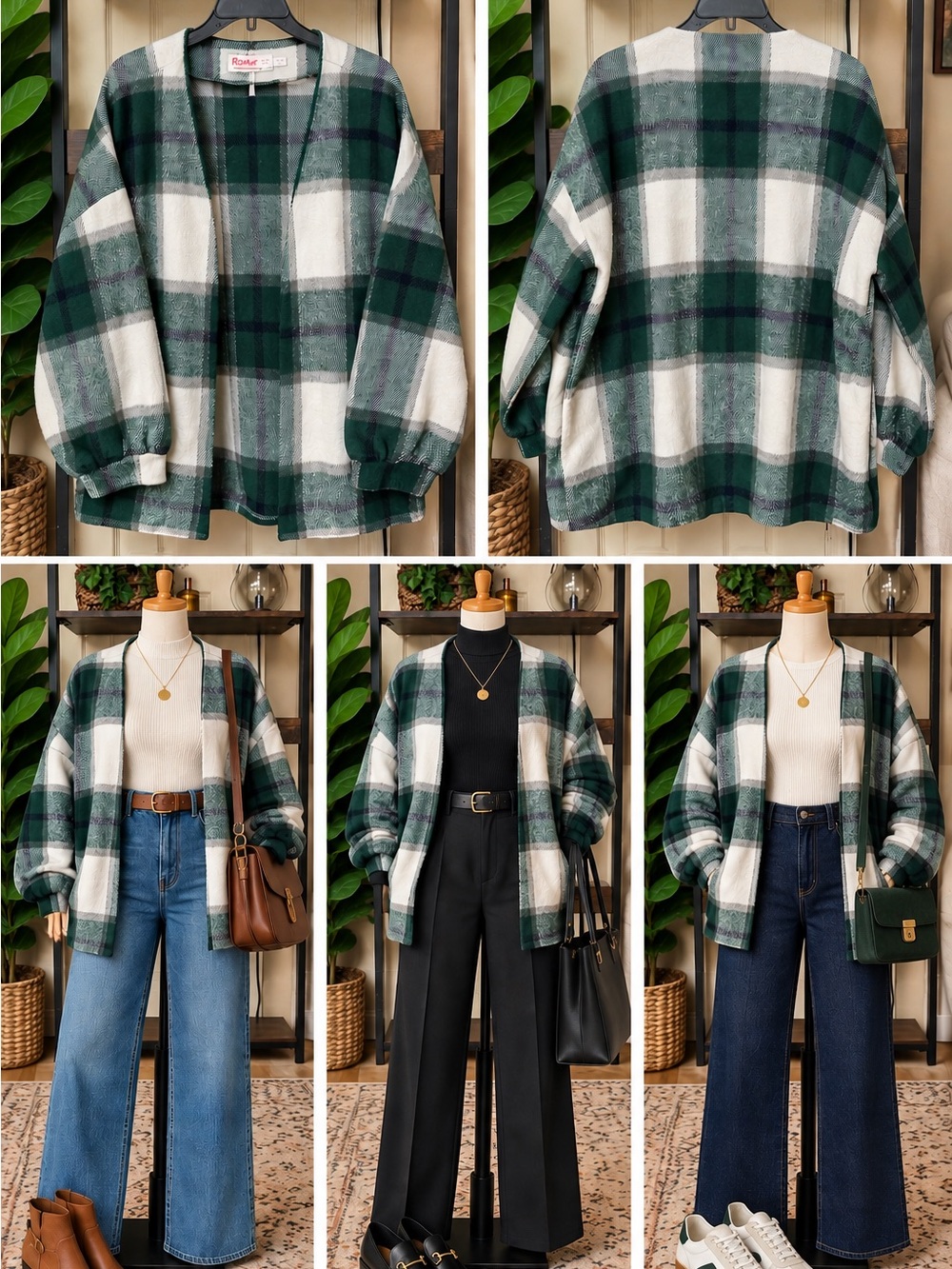 ROMWE Green and White Plaid Teddy Jacket